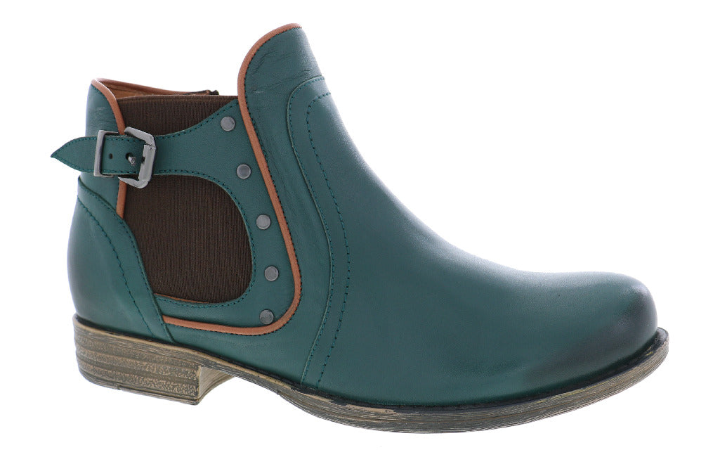 Teal leather ankle boot with side buckle and brown trim.
