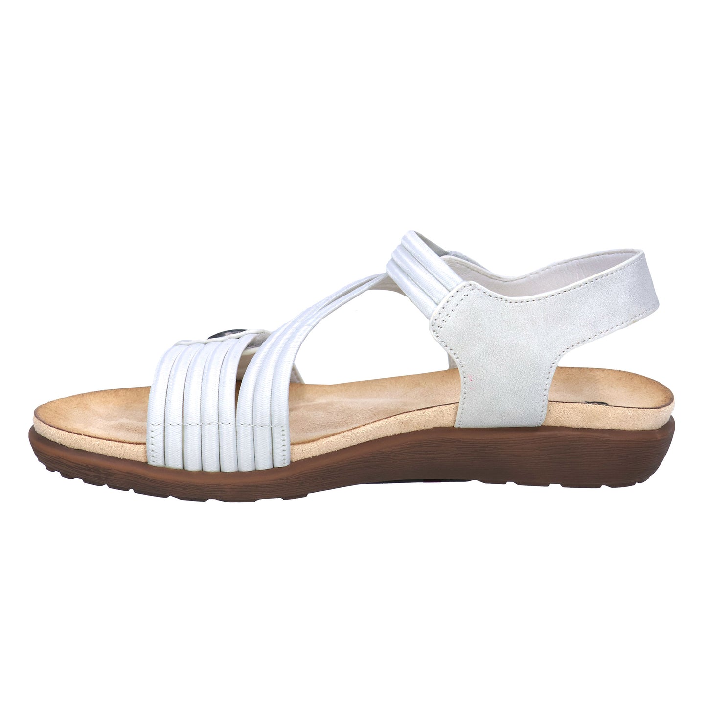 Side view of a white sandal with multiple front straps, an ankle strap, and a brown sole.