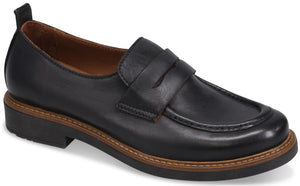 A black leather penny loafer with a brown welt and a thick black rubber sole.