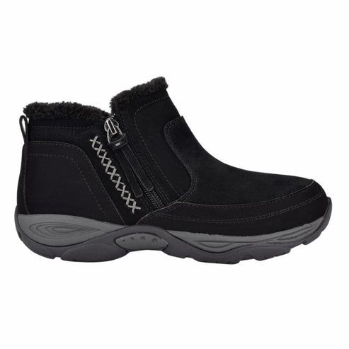 A black slip-on boot with a zipper on the side and faux fur lining.