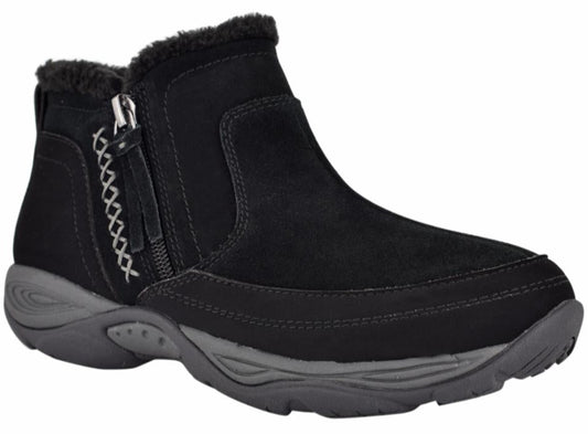 Black ankle boot with faux fur trim and side zipper.