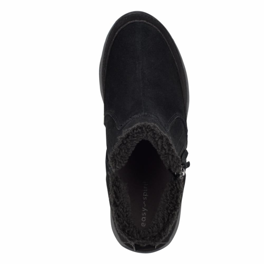 Top-down view of a black suede ankle boot with a round toe, black sole, and a faux fur lining.
