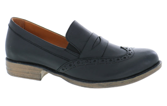 Black leather penny loafer with brogue detailing and a low block heel.