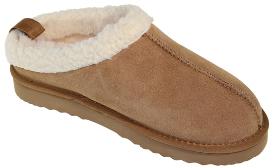 Tan suede clog slipper with white faux fur lining.