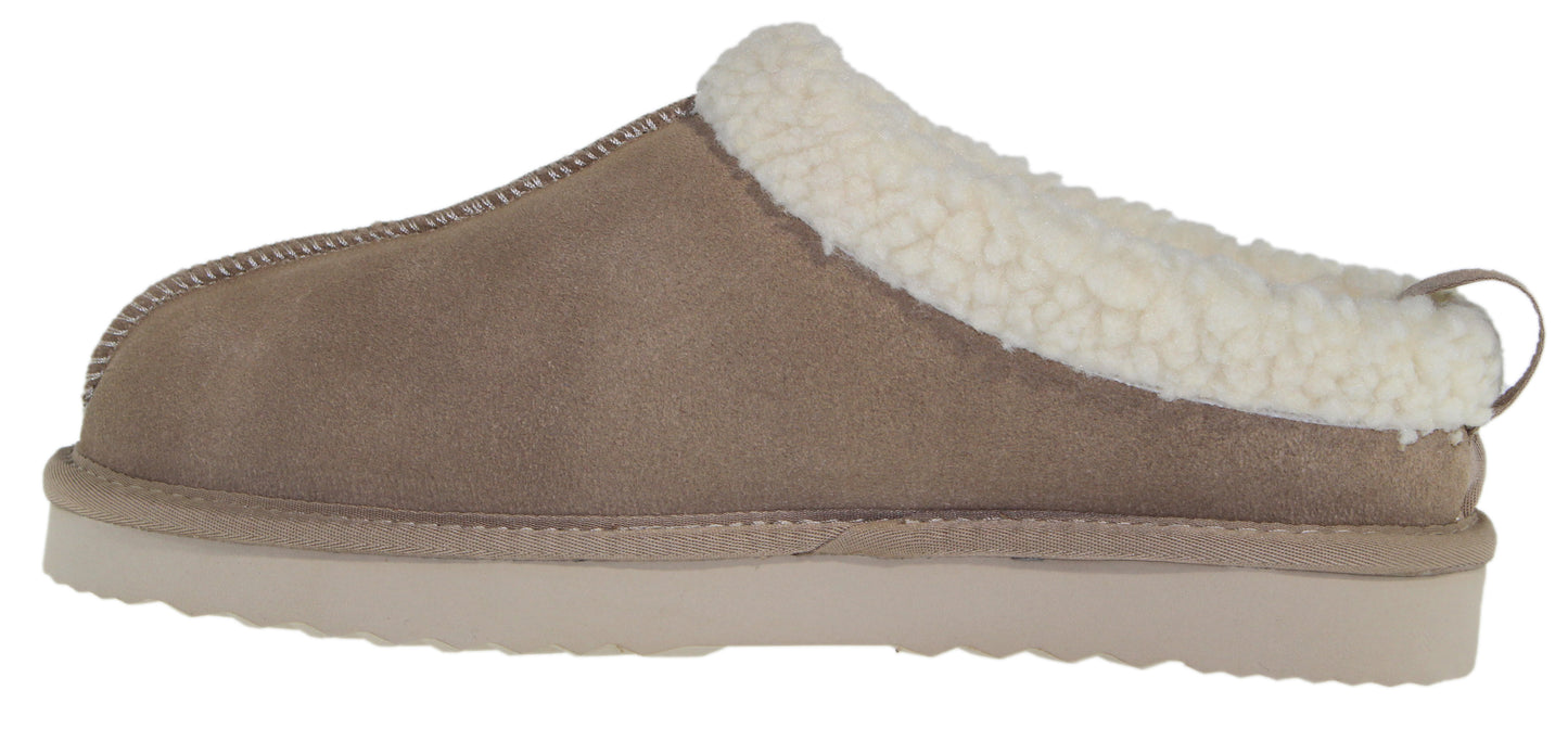 Slip-on clog with fuzzy lining and pull tab.