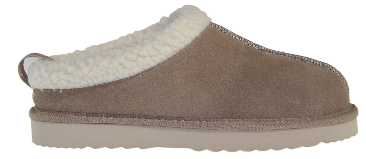 A slip-on clog slipper with a fleece cuff and a solid sole.