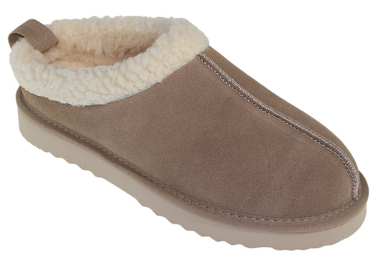 Tan slipper with a white, faux-fur collar and a tan pull-tab.