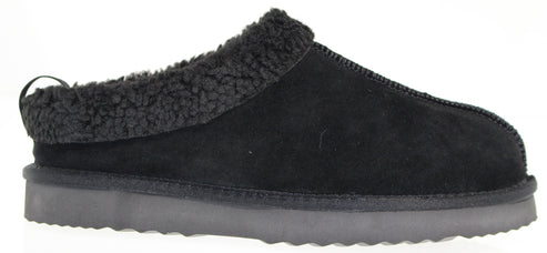 A black, closed-toe slipper with fuzzy trim.