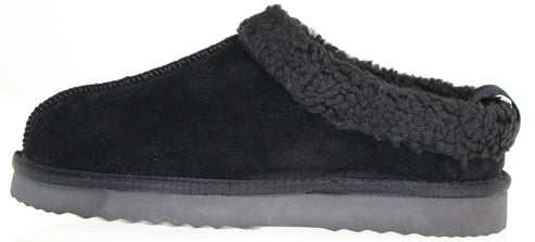Black slipper with dark faux fur lining.