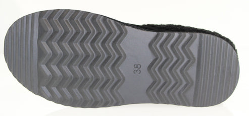The bottom of a shoe with a thick, gray sole with a wavy, zigzag pattern, and the number 38 printed on the sole.