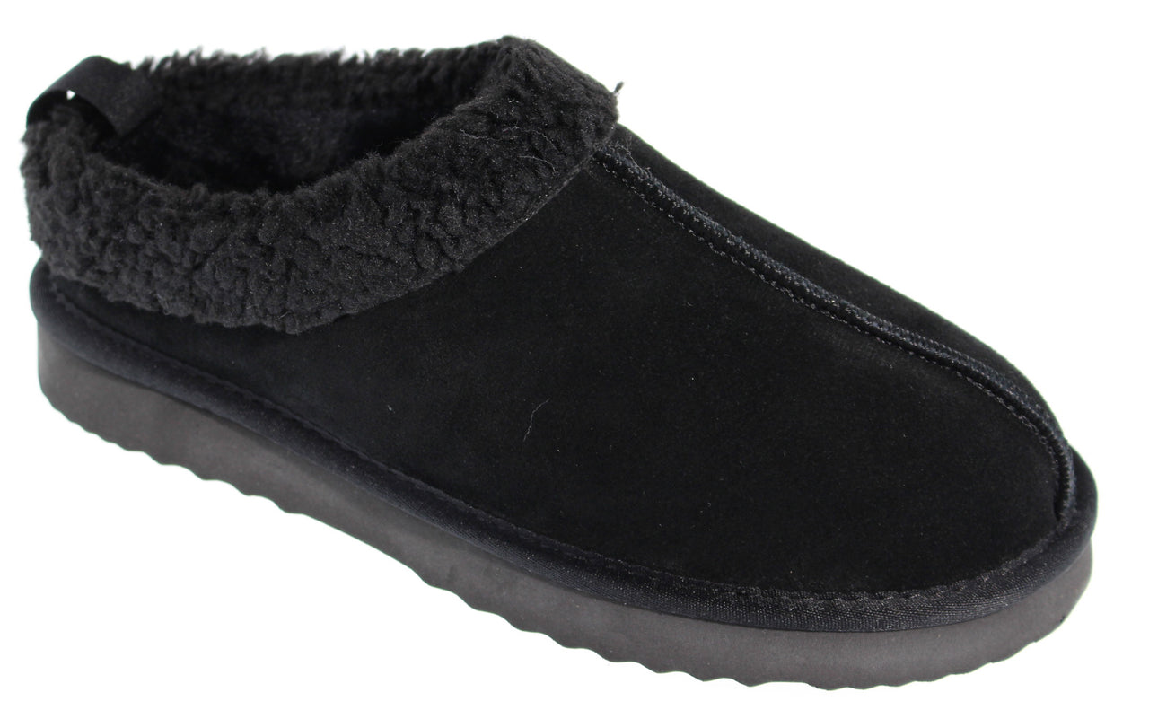 Black suede slipper with faux fur trim and a rubber sole.