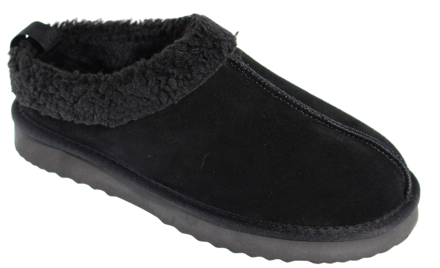 Black suede slipper with faux fur trim and a rubber sole.