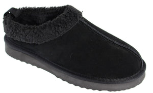 Black suede slipper with faux fur trim and a rubber sole.