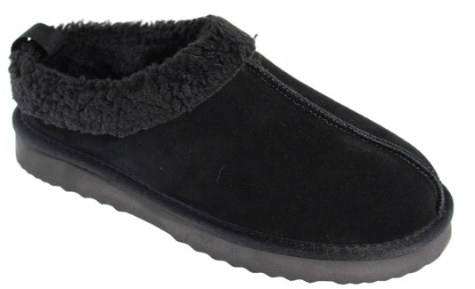 Black suede slipper with faux fur trim and a rubber sole.