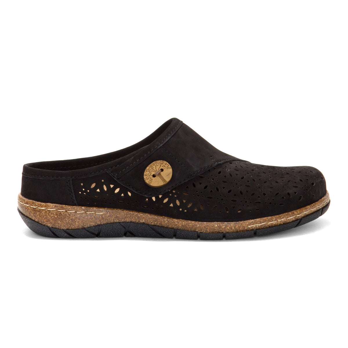 Black slip-on clog with decorative laser-cut details and a light brown accent button.