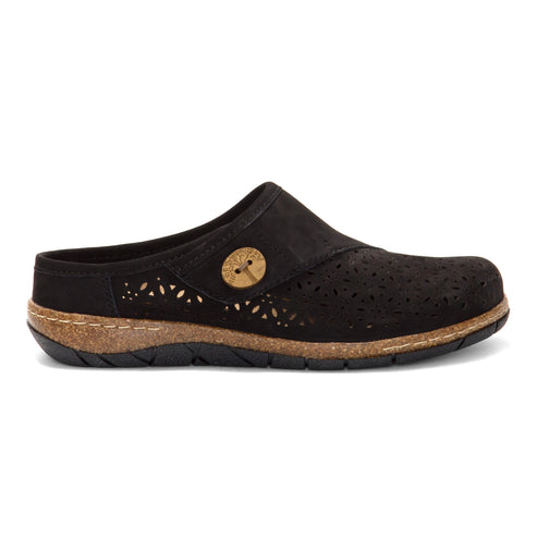Black slip-on clog with decorative laser-cut details and a light brown accent button.