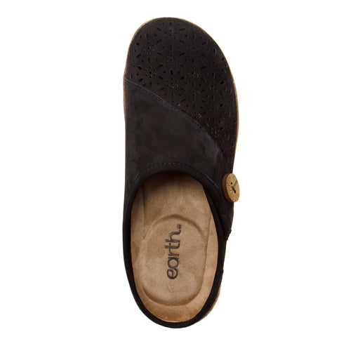 Black clog with cutouts and a decorative side button, view from above showing insole.