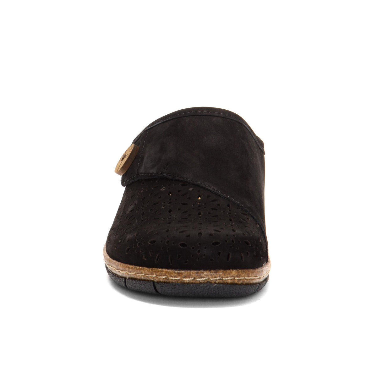 Black clog shoe with adjustable strap.