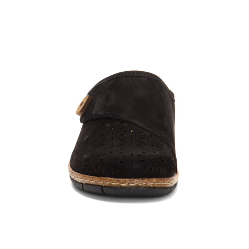 Black clog shoe with adjustable strap.