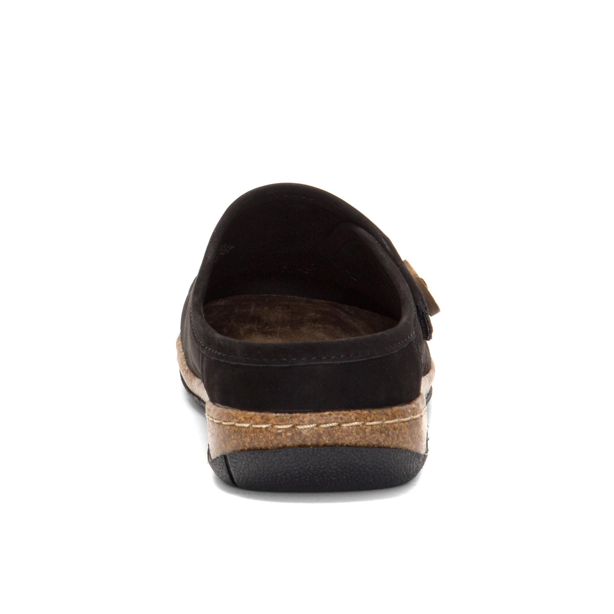 Back view of a black suede-like clog with a visible cork midsole.