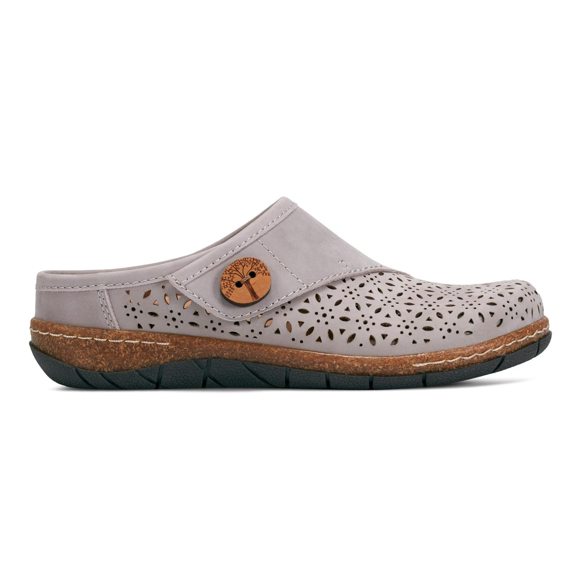 Side view of a gray, laser-cut clog-style shoe with a round, wooden button on the side.