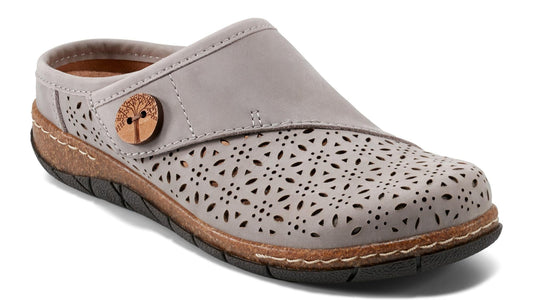 Grey slip-on shoe with decorative holes and a circular button.
