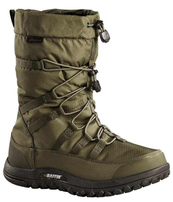 A mid-calf height, olive green winter boot with a toggle-cinch closure at the top, decorative zig-zag lacing down the front, and a dark brown, rugged, lugged rubber sole with the word Baffin printed on the side.