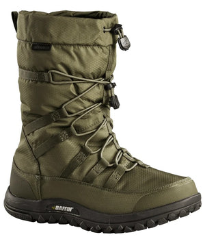 A mid-calf height, olive green winter boot with a toggle-cinch closure at the top, decorative zig-zag lacing down the front, and a dark brown, rugged, lugged rubber sole with the word Baffin printed on the side.