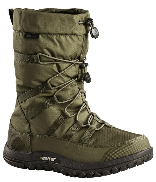 A mid-calf height, olive green winter boot with a toggle-cinch closure at the top, decorative zig-zag lacing down the front, and a dark brown, rugged, lugged rubber sole with the word Baffin printed on the side.