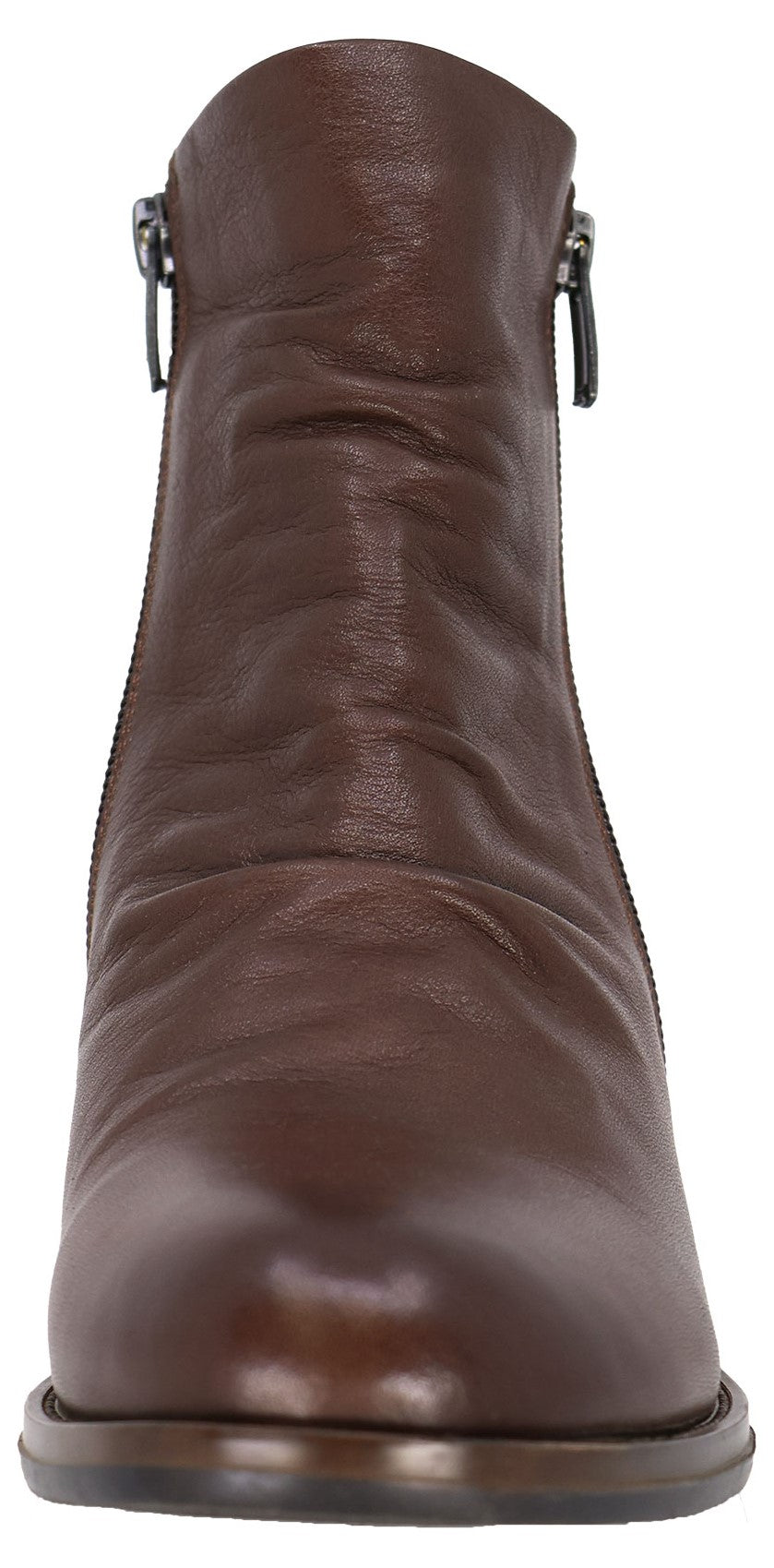 A brown leather ankle boot with a slight slouchy texture and side zipper closures.