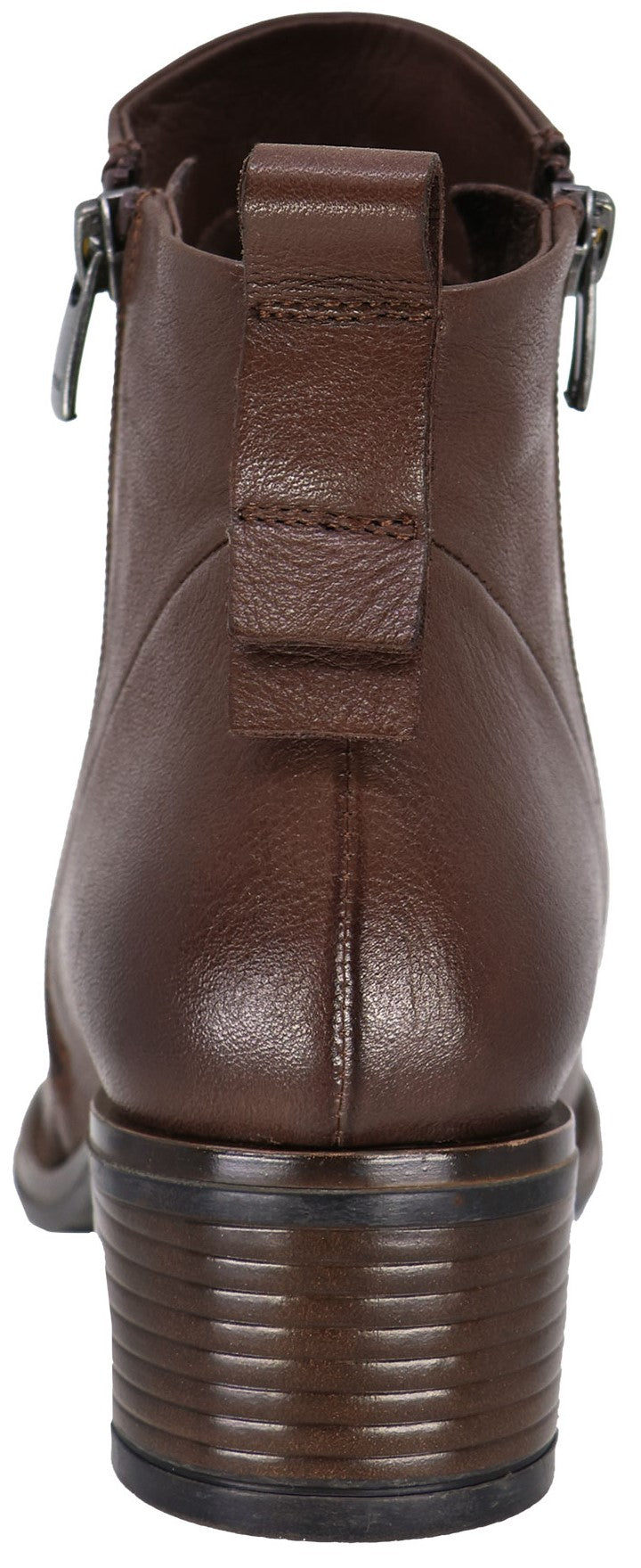 A back view of a brown leather ankle boot with a low, stacked-look heel and a vertical tab on the heel collar.
