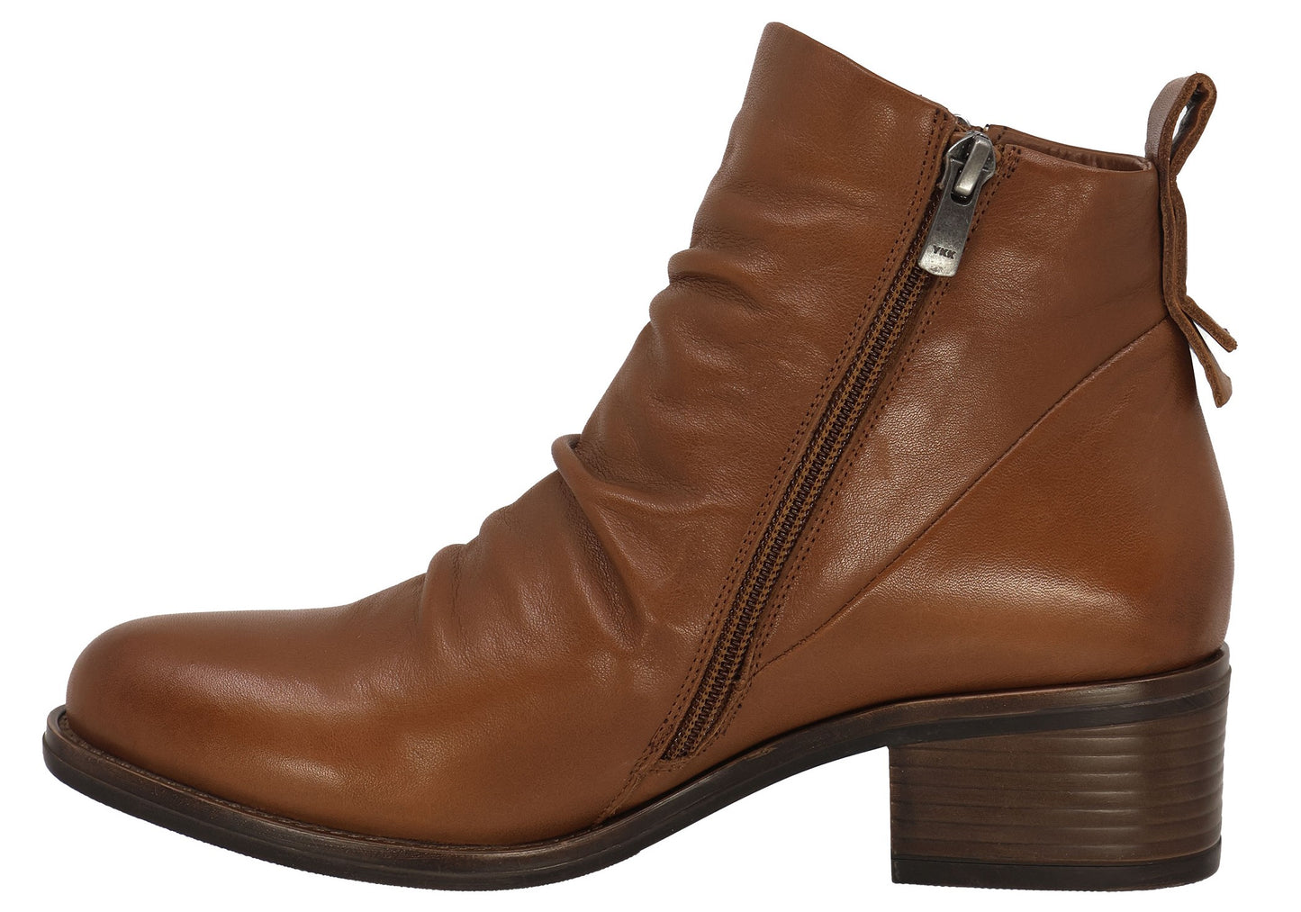 Ankle-high light brown leather boot with a side zipper and a short heel.