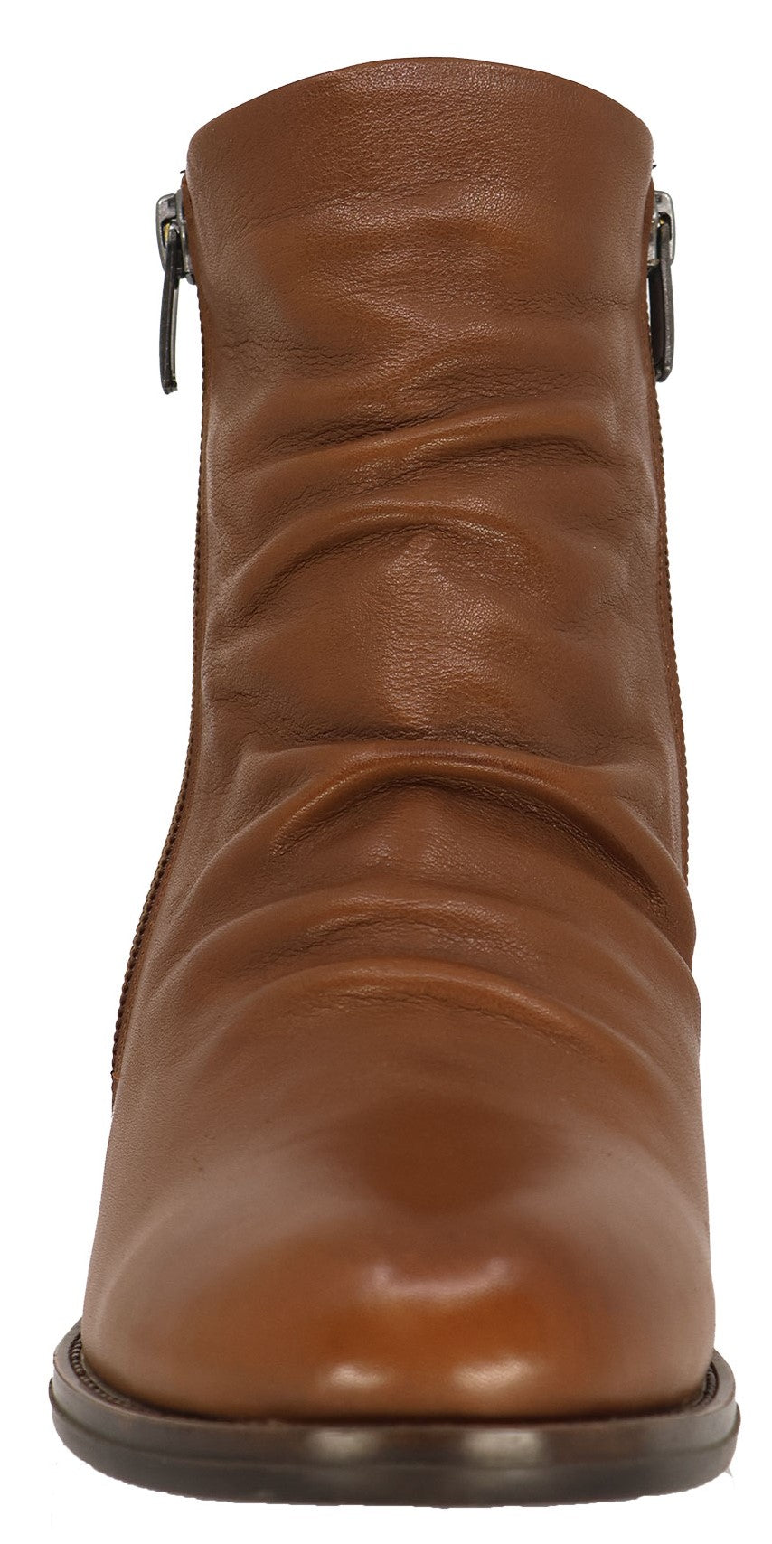 A brown leather ankle boot with side zipper.