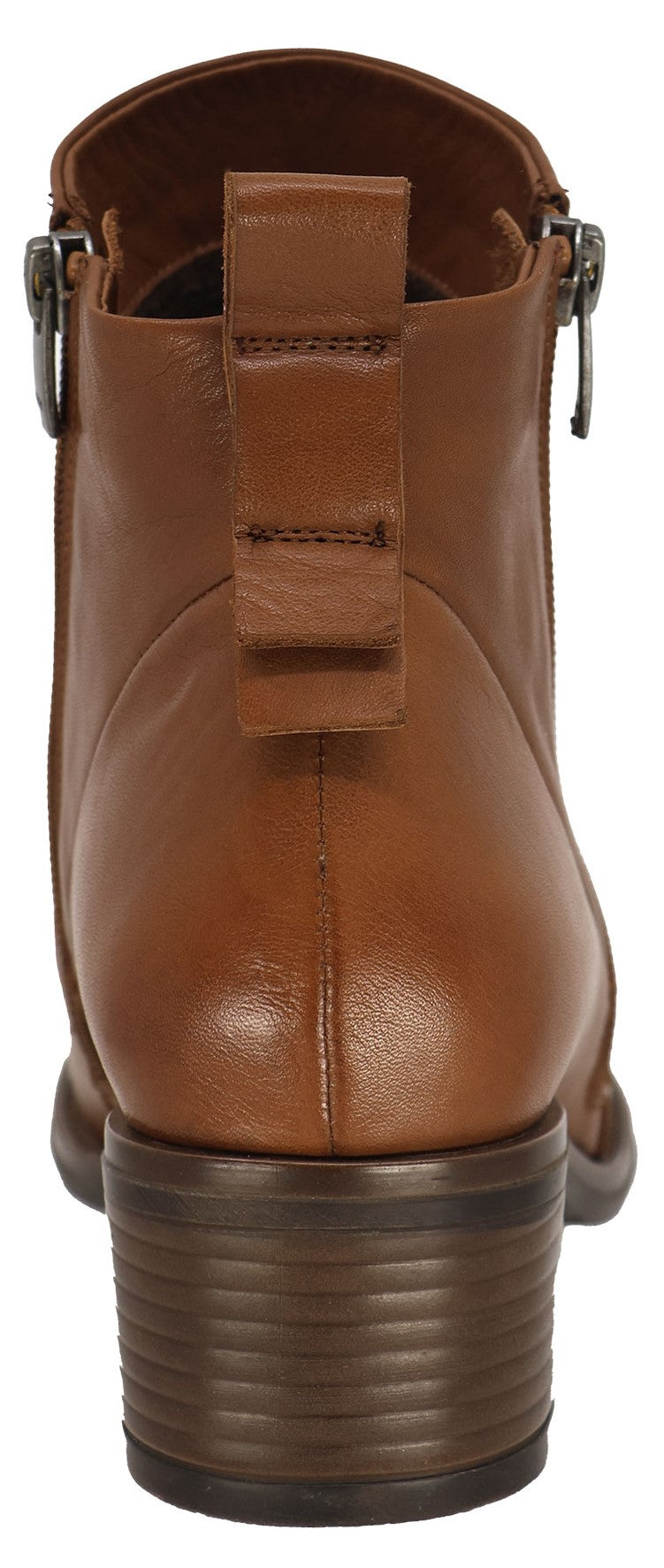 A back view of a brown leather boot with a zipper on the side and a block heel.