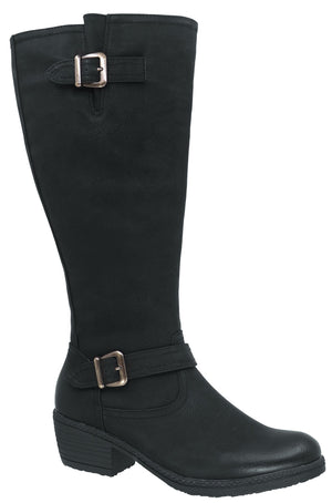 A black knee-high boot with decorative straps and silver buckles.