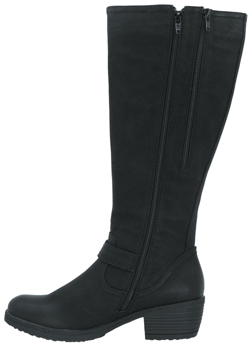 Black knee-high boot with a side zipper and buckle detail.