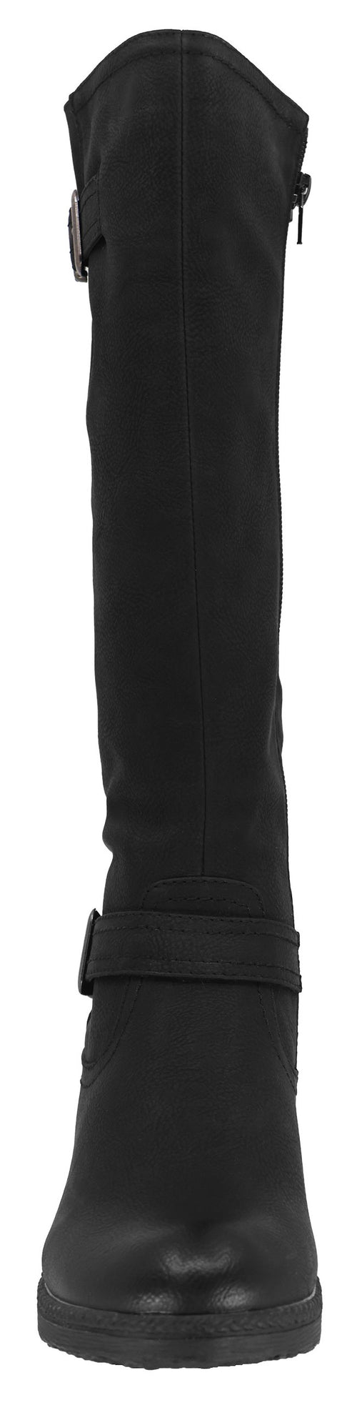 A black knee-high boot with a buckle strap and a zipper.