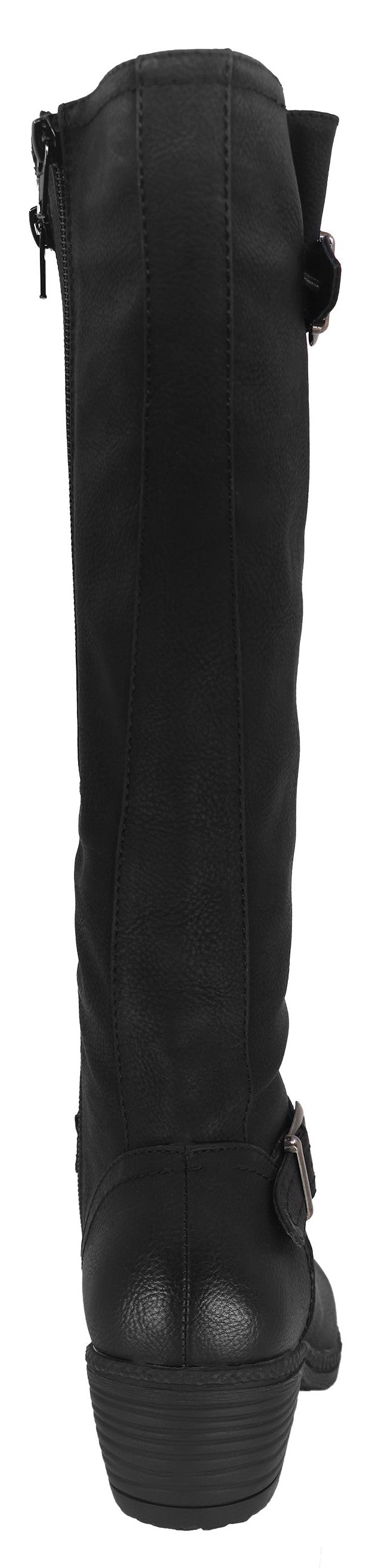 Black knee-high boot with side buckle and zipper.
