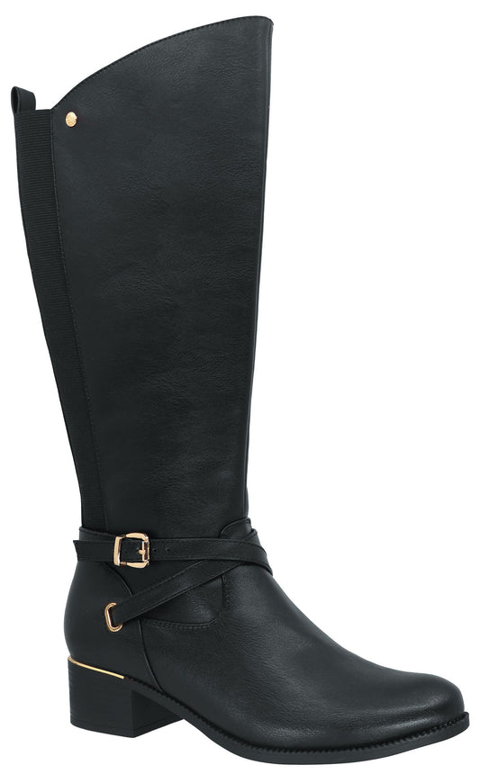Black knee-high boot with gold hardware and a low heel.