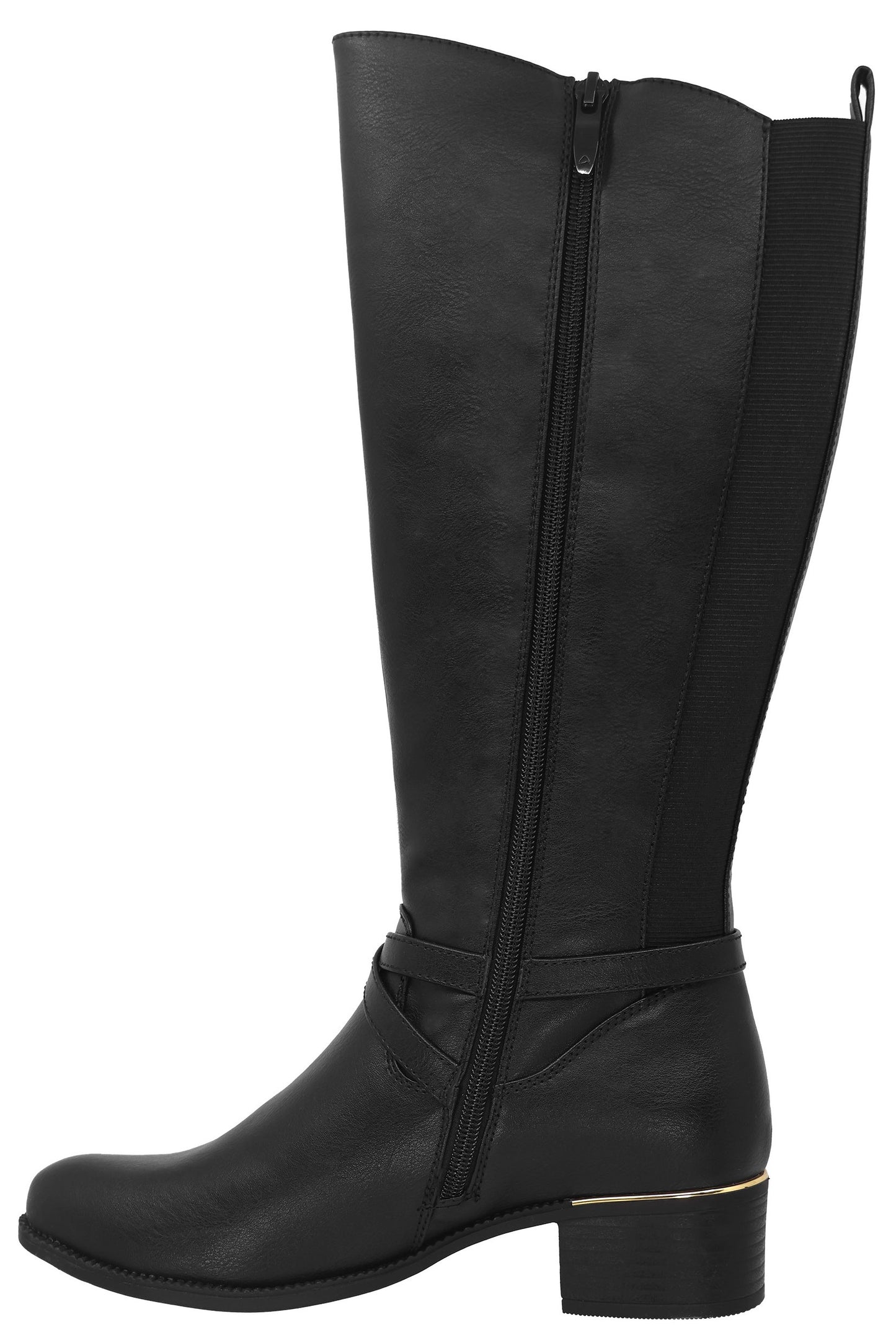 Black knee-high riding boot with a side zip and gold accent.