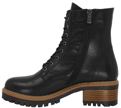 Black leather combat boot with laces and side zipper, set on a stacked block heel.