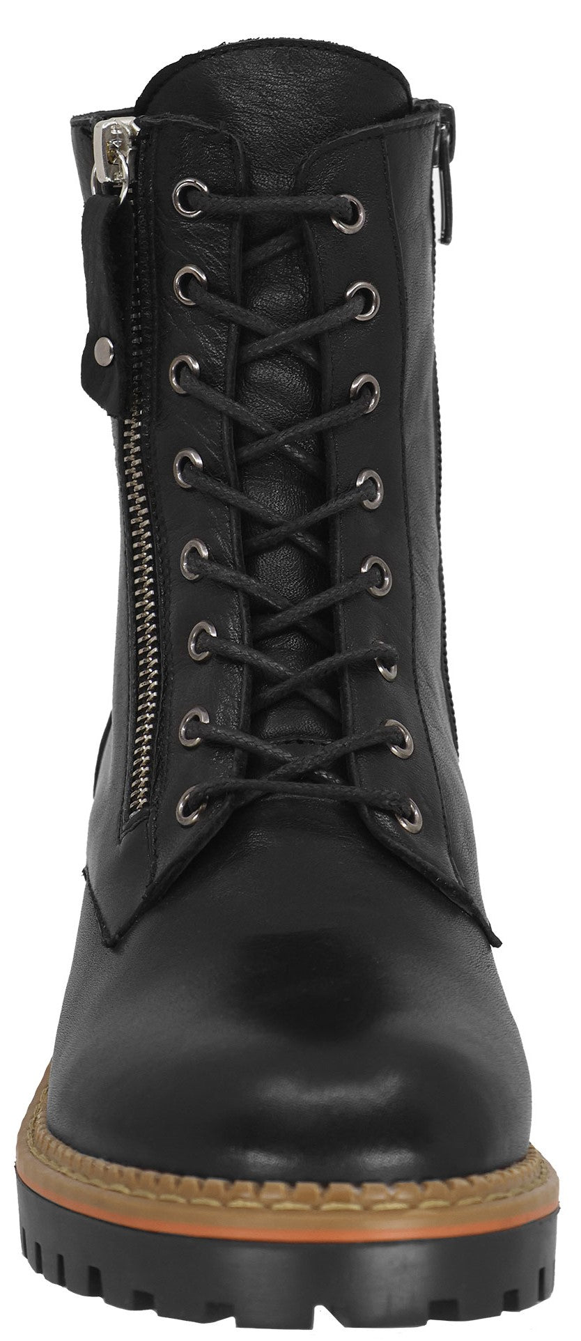 Black leather lace-up boot with a side zipper and a lug sole.