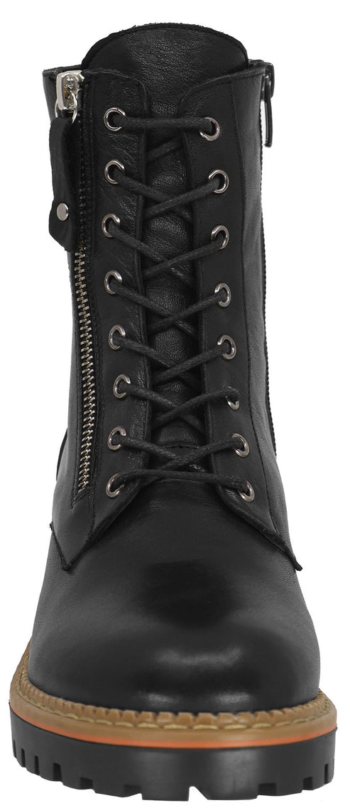 Black leather lace-up boot with a side zipper and a lug sole.
