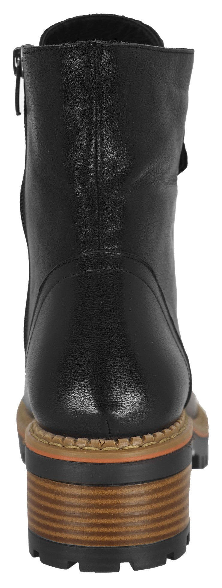 A back view of a black ankle boot with a chunky lug sole.