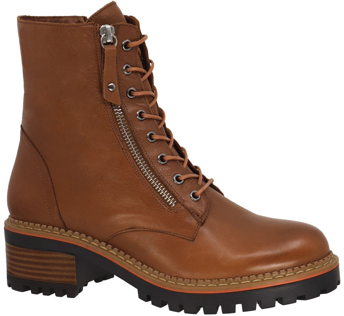 A brown leather combat boot with laces and a side zipper.