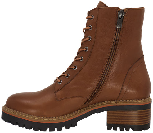 Leather ankle boot with laces and side zipper, on a stacked heel with lug sole.