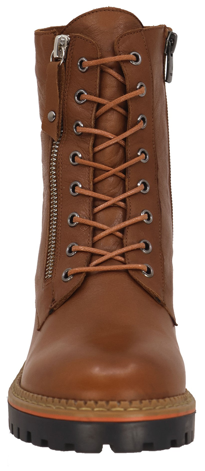 Brown combat boot with laces and zipper.
