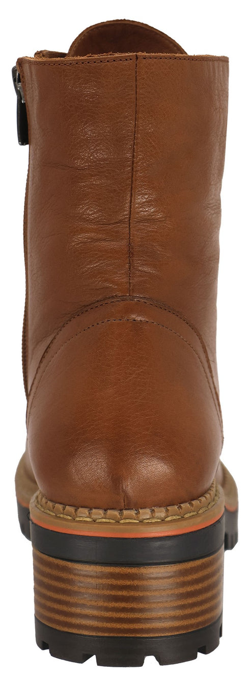 Back view of a brown leather boot with a zipper.