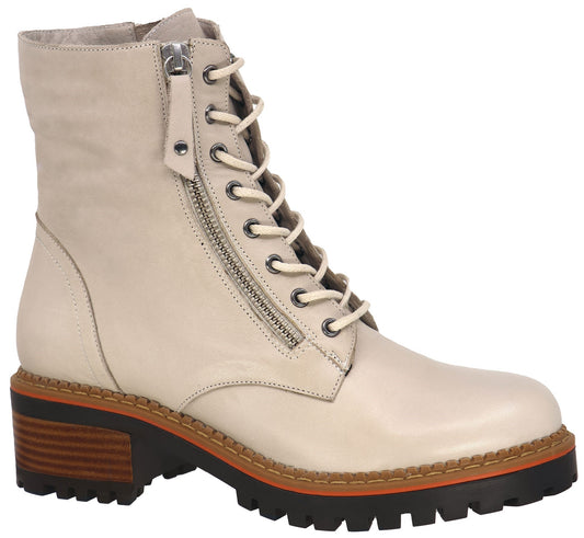 Beige leather lace-up boot with a side zipper and lug sole.