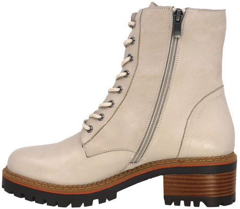 Side view of off-white leather ankle boot with side zipper, laces, and lug heel.